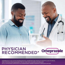 Acid reducer tablets promotional graphic with physicians holding pill package