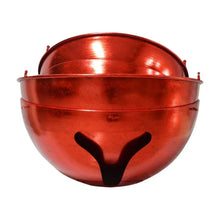 Red oversized metal jingle bell ornament with ribbon-free lid and black smiling face cutout