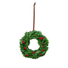 Holly wreath Christmas ornament with red berries and green leaves, hanging by a cord