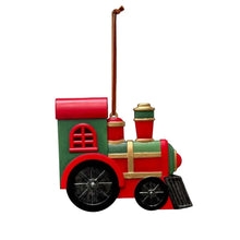 Red and gold train Christmas ornament with smokestack and hanging cord