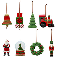 Christmas ornament set on hooks, includes bell, wreath, tree, nutcracker, gifts, train