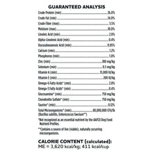Guaranteed analysis label for dry dog food, including calorie content: 3,620 kcal/kg