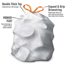 13-gallon tall kitchen trash bag with orange drawstring, thick double top
