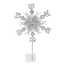 Silver snowflake tree topper with layered light panels and hanging clips