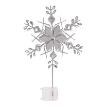 Silver snowflake Christmas tree topper with light accents and hanging support