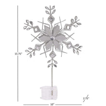 Silver snowflake Christmas tree topper with light accents and included mounting base