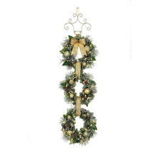 Pre-lit door wreath hanger with three stacked wreaths, gold balls, tan bow