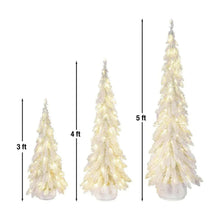Three pre-lit iridescent topiary trees with height labels: 3 ft, 4 ft, 5 ft