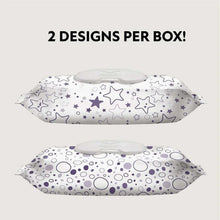 Baby wipes pack with two design options per box, under a press-open lid