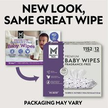 Premium baby wipes packs, fragrance-free, showing 1152 and 12 pack labeling