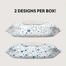 Baby wipes pouch with blue star and bubble patterns, two designs shown