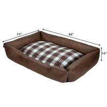 Leather-brown pet bed with tartan plaid insert, 33 x 46 in, 10 in high