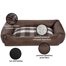 Brown pet bed features: removable cover, memory-foam blend, non-skid backing