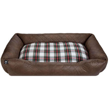 Leather-brown cuddler pet bed with quilted sides and tartan plaid inner cushion