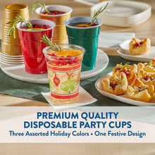 Holiday disposable party cups set with gold, red, green colors and patterned design