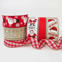 Wired ribbon roll with red, gold, and white panels; plaid edge trim and Santa print