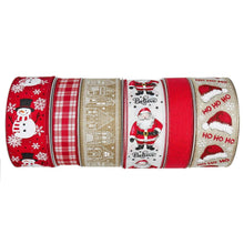 Wired ribbon roll with red and gold panels, plaid bands, and Santa “ho ho ho” print