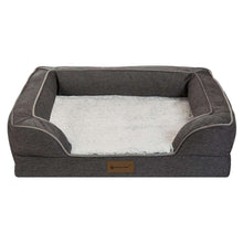 Dark gray pet sofa bed with light gray cushion and tan label at the front