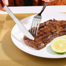 Stainless steel dinner fork held above grilled meat on a plate