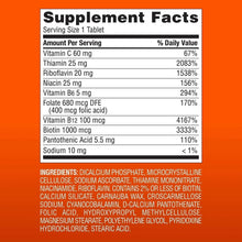 Supplement Facts panel for B-Complex tablets with vitamin amounts and daily values