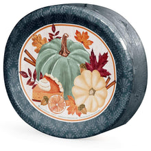 Oval paper plate with autumn turkey and pumpkin illustration on teal decorative rim