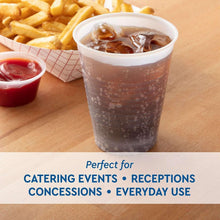Translucent plastic cup with brown iced drink and condensation