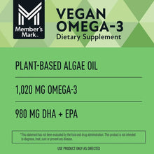 Vegan Omega-3 dietary supplement label showing plant-based algae oil and dosages