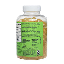 Vegan Omega-3 supplement information label on softgel bottle with safety statements