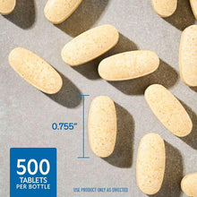 Oval Vitamin C tablets shown with 0.755" size marking and 500 tablets graphic