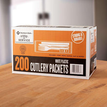 White plastic cutlery packets box, 200 count with fork, knife, napkin