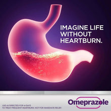 Heartburn-free stomach graphic with omeprazole branding