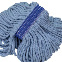 Close-up of blue blended mop yarn with reinforced purple stitched trim strip.