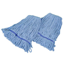 Two blue blended mop heads with textured yarn and purple binding, shown side by side.