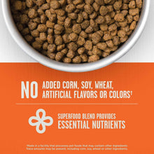 Dry cat food kibble in a bowl with “No added corn, soy, wheat” label text.