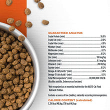 Dry cat food nutrition facts panel with guaranteed analysis and calorie content text.