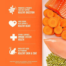 Dry cat food label panel with health icons and sliced chicken, salmon, and peas.