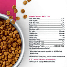 Dry dog food guaranteed analysis panel with nutrient percentages and calorie content