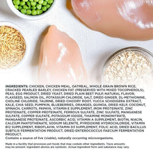 Dry dog food ingredient panel with chicken, oatmeal, whole grain brown rice list