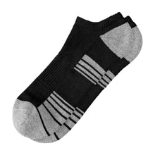 Black no-show athletic sock with gray toe/heel and striped arch cushioning