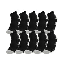 10-pack black quarter athletic socks with striped arch band, gray heels and toes