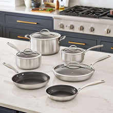 Hybrid ceramic nonstick cookware set with stainless steel pots, pans, and lids