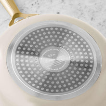 Ceramic nonstick pan base with dotted pattern and printed size mark