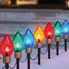 Pathway LED light set with multicolor teardrop bulbs on black stakes, lit
