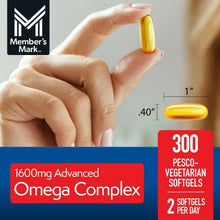 Omega complex softgel in hand, with 300-count label and 2 per day text.