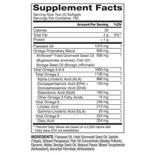 Supplement Facts panel for omega softgels, showing serving size and omega-3 blend.