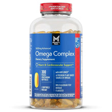Omega complex omega-3 softgels bottle with heart & cardiovascular support label.