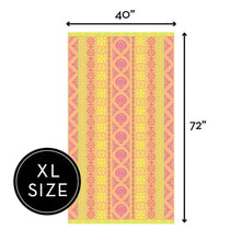 Fashion beach towel, 40 x 72 in, bright yellow and pink with purple medallion pattern