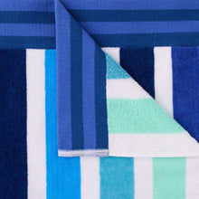Oversized beach towel with navy and white stripes and aqua center panel