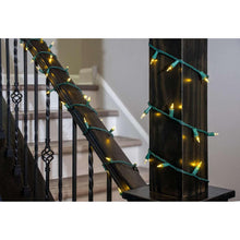Warm white LED mini light string with green Stayz-On clips on a railing display