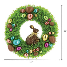 24 in green tinsel wreath with chocolate-style bunny center and multicolor baubles
